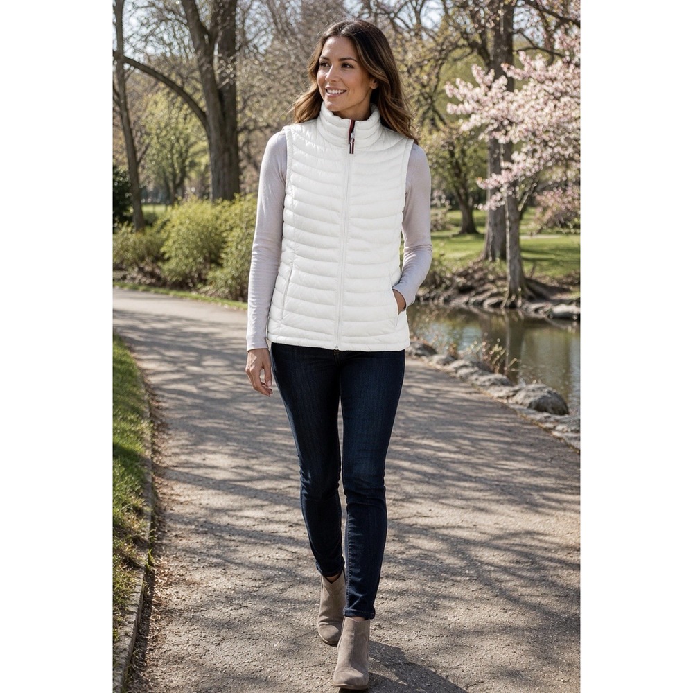 TOMMY HILFIGER White Puffer Vest Womens Size Large Zip Front Pockets High Collar